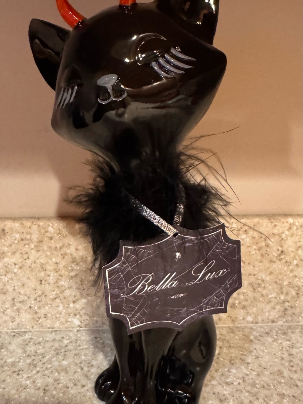 Bella Luxx Ceramic Halloween Black Devil Cat with Feathers